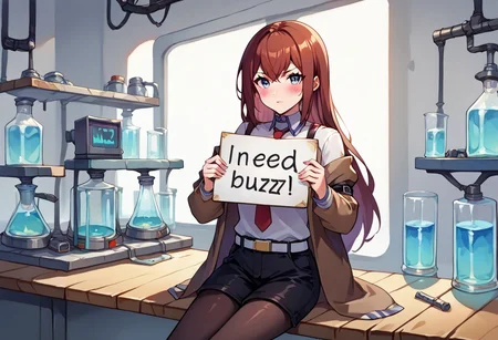score_9, score_8_up, score_7_up, source_anime, 1girl, makise kurisu, tsundere, blushing, looking at viewer, ((need_buzz)), ((holding sign)), brown jacket, off shoulder, white shirt, red necktie, black shorts, pantyhose, legwear under shorts, white belt <lora:steinsgate_makise_ponyXL:1>, sitting inside a science laboratory, laboratory, laboratory equipment, white walls, microscopes, beakers,