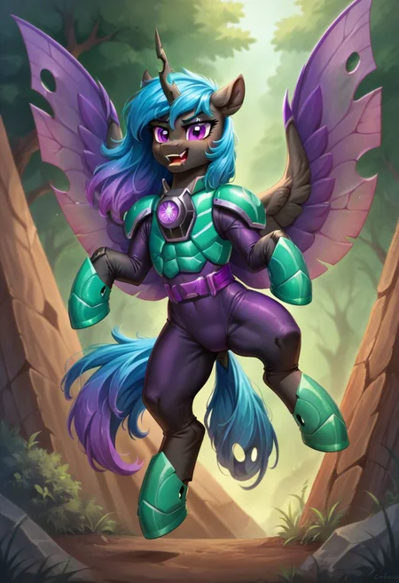 score_9, score_8, score_7, (source_pony, changeling, alicorn),
gmrider, green armor, purple bodysuit