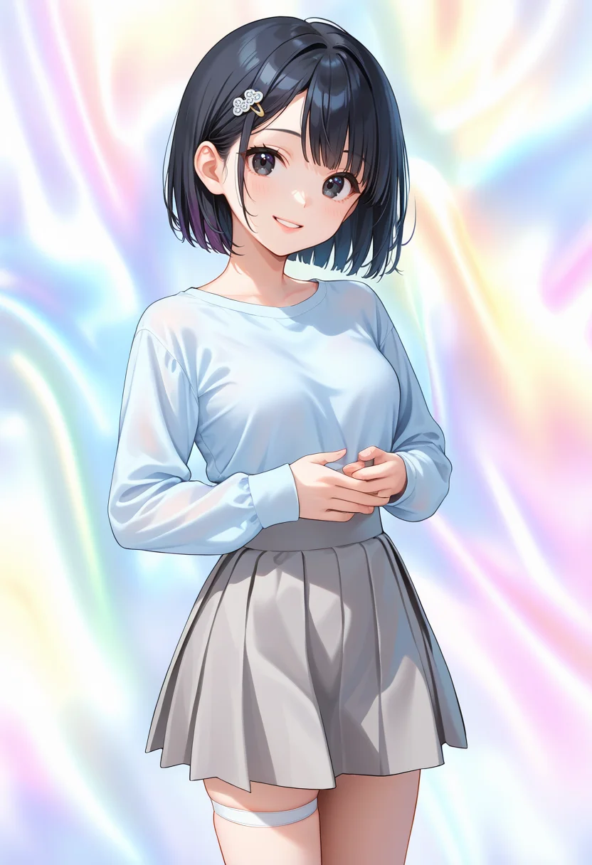 score_9, score_8_up, score_7_up, source_anime, perfect anatomy, ((outlined outlined vector graphics)),,cute face,
1girl,20yo, black hair, black eyes, short bob hair, hair pin,mdeium breast, slender,(white thigh strap:1.1),(black clohtes:1.1),,casual ware, cowboy shot, light blue shirt, gray skirt, long sleeves,smile, parted lips , peaceful,
, silk background, tatsuki background,(rainbow silk:1.3),rainbow background,
<lora:silk-background-01:1.2>