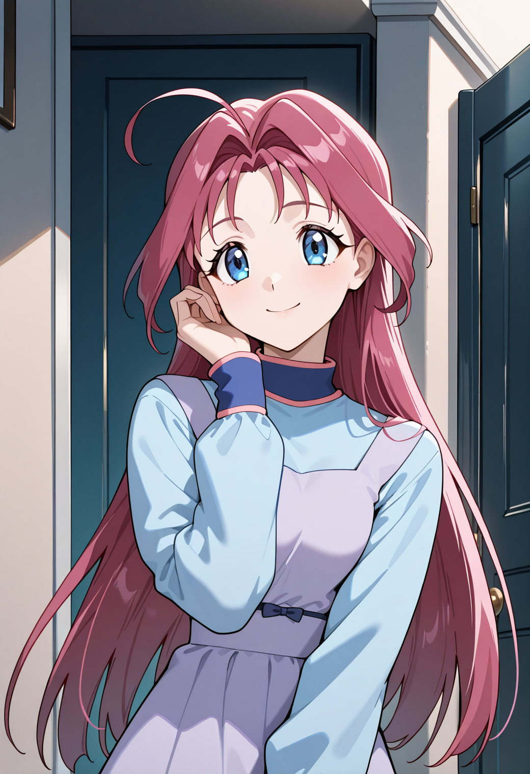 masterpiece, best quality, very aesthetic, absurdres, 1girl, solo,
<lora:kisaragi_haruna_v01:0.8>, kisaragi_haruna, haruna_casual1, pink hair, long hair, ahoge, blue eyes,
purple dress, long dress, blue shirt, (smile:0.7), posing, upper body