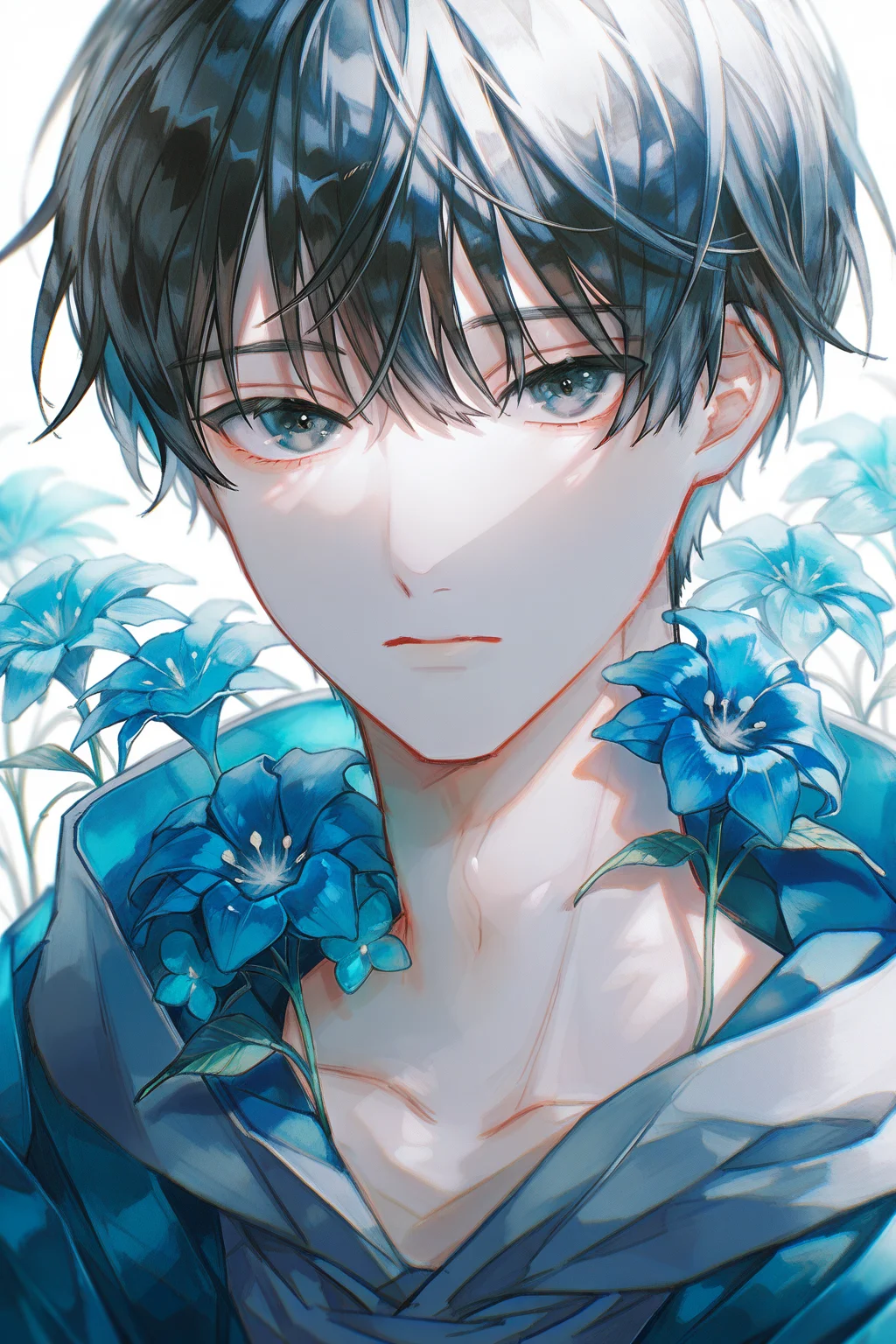 SCPT,1boy, solo, male focus, hood, flower, hood down, white background, hoodie, black hair, closed mouth, looking at viewer, upper body, short hair, simple background, blue flower