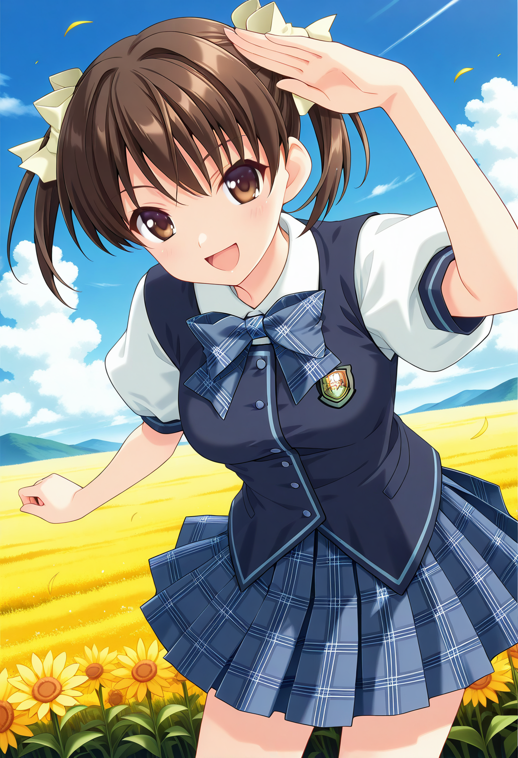 1girl, solo, (field:1.2), (blue sky:1.2), looking at viewer, 
ever17_sara, brown eyes, brown hair, short twintails, hair ribbon, bowtie, school uniform, vest, puffy short sleeves, plaid bow, skirt, plaid skirt, pleated skirt, <lora:ever17_sara_illustrious_ver1:0.8>
smile, open mouth,, masterpiece, best quality, general,, (cowboy shot, dynamic pose:1.4),