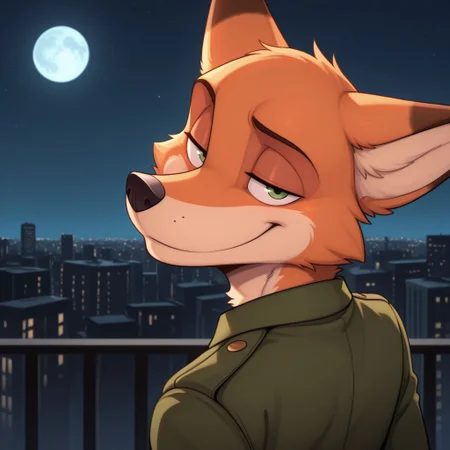 score_9_up, score_8_up, score_7_up, masterpiece, best quality, amazing quality, very aesthetic, absurdres, newest, high quality, detailed, furry, N1ckW1ld3, fox boy, furry, male,orange fur,multicolored fur,white fur,green eyes,uniform, city, night, moon, buildings, standing, smirk, smile, half lidded eyes, staring at viewer