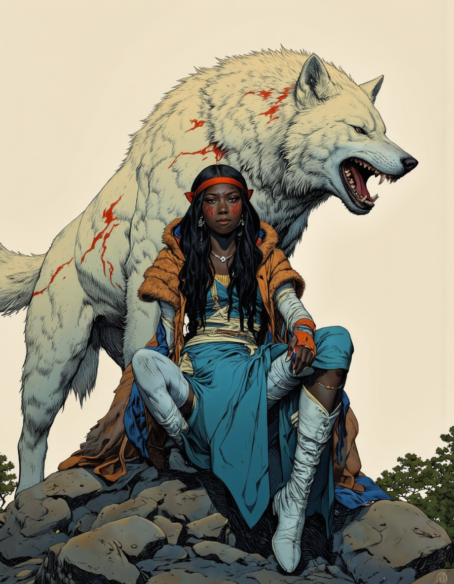 By Phandigrams. A detailed and realistic comic book style illustration from a front camera angle about a female character with a fierce expression and a large white wolf standing behind her. the image features a dark-skinned woman with long black hair, wearing a blue dress and a fur coat, sitting on a rocky outcrop in the middle of the image. she has a serious expression and is looking directly at the viewer. the woman has red markings on her face and is adorned with jewelry, including earrings and a headband. behind her, a large, menacing white wolf with red markings stands tall, its sharp teeth gleaming in the light. the background is a simple, beige sky with a few scattered trees, adding to the dramatic atmosphere of the scene. the style is reminiscent of comic book art, with bold lines and vibrant colors that bring the scene to life.