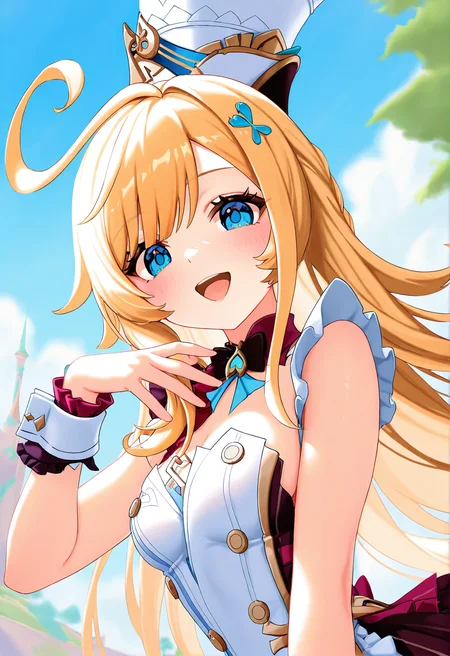 1girls, escoffier \(genshin impact\), frills, wrist cuffs, blush, white wrist cuffs, open mouth, blue eyes, smile, outdoors, looking at viewer, solo, blonde hair, long hair, masterpiece, ahoge, hat, hand up, blue sky, upper body,