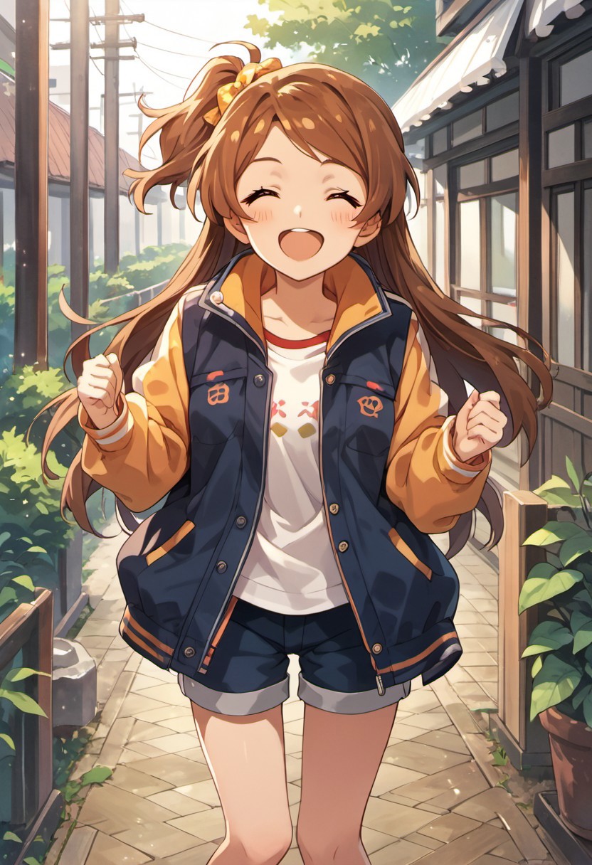 score_9, score_8_up, score_7_up, source_anime,ogami tamaki, long hair, brown hair, brown eyes, 1girl, closed eyes, smile, open mouth, solo, ^ ^, one side up, shorts, :d, blush, jacket, bow