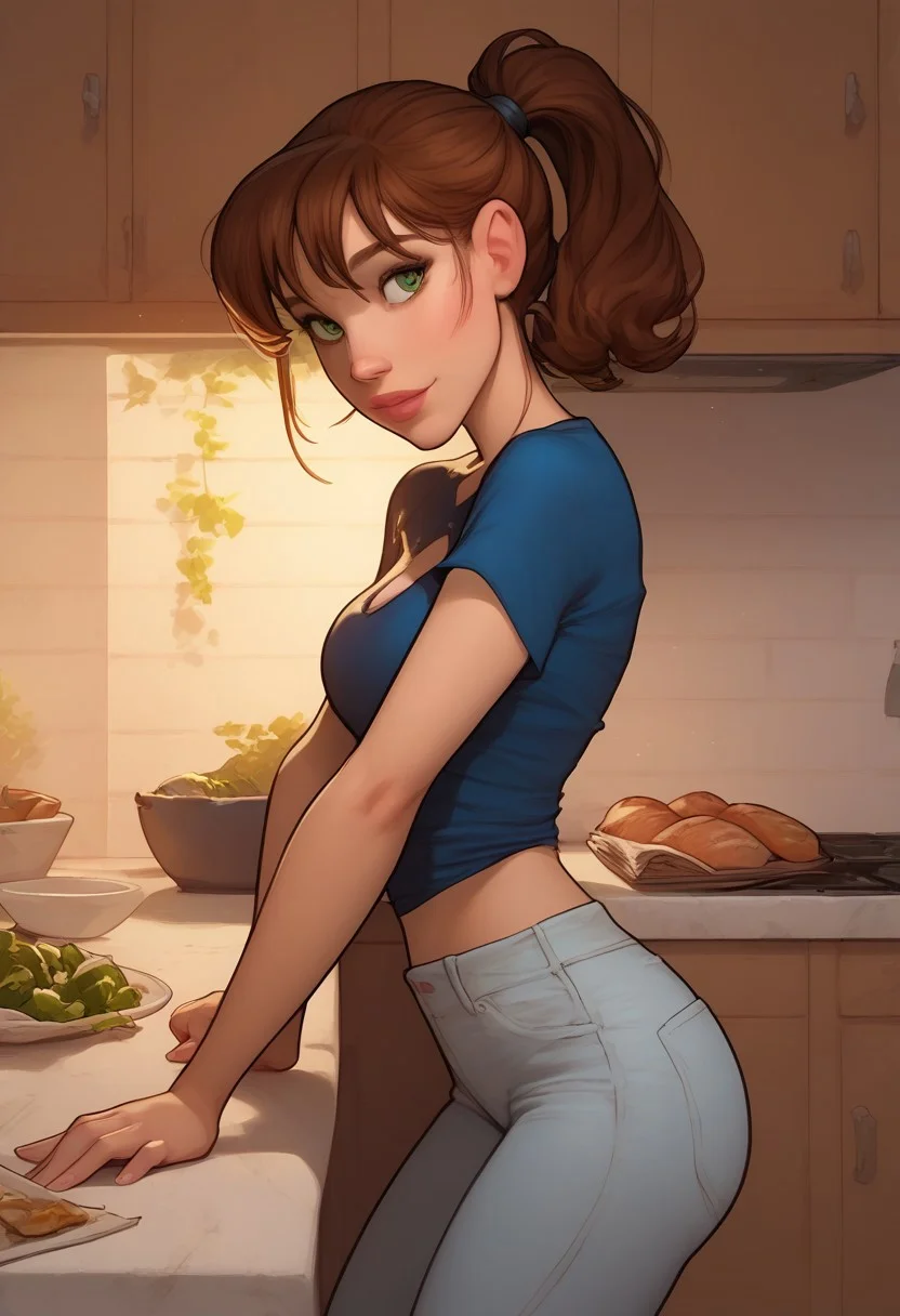 score_9, score_8_up, score_7_up, masterpiece, best quality, highly detailed,
1girl, Sharona, 18yo, (beautiful:1.3), cute, short, green eyes, brown hair, ponytail hair, blue top, jeans ripped short, snickers, arriving to the kitchen with groceries bags,