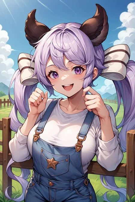 score_9, score_8_up, score_7_up, score_6_up, source_anime, 1girl, solo, <lora:gbfsatyr-pdxl-nvwls-v1-000005:1> defStr, animal ears, lavender hair, purple eyes, very long hair, twintails, white bow, overalls, white shirt, long sleeves, denim, happy, hands up, farm, fence, blue sky, clouds, large breasts