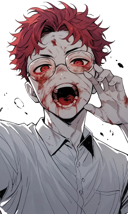 score_9, score_8_up, score_7_up, score_6_up, score_5_up, score_4_up, male school uniform, glasses, solo, red eyes, open mouth, looking at viewer, blood, teeth, 1boy, male focus, shirt, monochrome, white background, score_9, score_8_up, score_7_up, score_6_up, score_5_up, score_4_up, male school uniform, glasses, solo, red eyes, open mouth, looking at viewer, blood, teeth, 1boy, male focus, shirt, monochrome, white background, highly detailed, cinematic