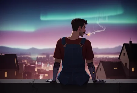 score_9,score_8,score_7,score_6,score_5, SH_Style, NIMO, portrait, rating_NSFW, rating_explicit, 1man, overalls, city, dystopian city, smoking, cybernetic arm, sitting, back to wall, rooftop, haze, night, aurora borealis, <lora:Sheeps_Styles_-_Nimona:1.0>