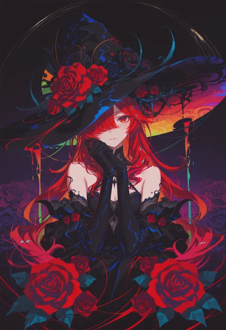 (masterpiece, gradient, recent, good_quality, high_quality, newest, very aesthetic, vibrant_background, abstract_background, colorful, surreal, anime_coloring:1, vectortrace:1, flat_colors:1)
(BV-Illu, 1girl, hat, solo, long hair, gloves, witch hat, flower, elbow gloves, red hair, hat flower, black gloves, dress, looking at viewer, black headwear, closed mouth, red flower, hair over one eye, black dress, rose, witch, bare shoulders, red eyes, bangs, upper body)
