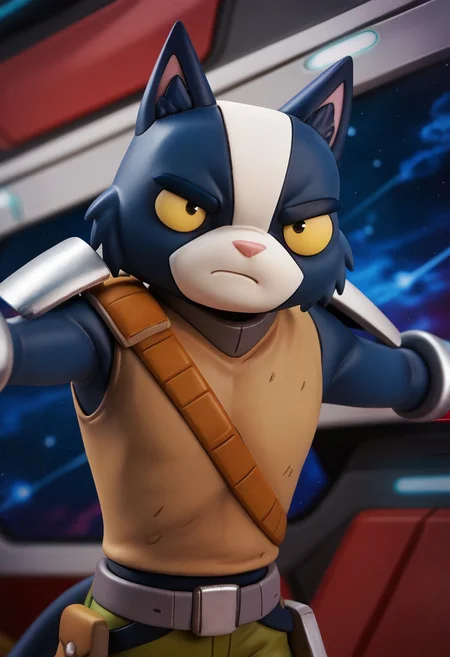 score_9, score_8_up, score_7_up, BREAK rating_safe,  detailed, dutch angle, anthro, detailed body, hi res, av0cato, cat, tail, solo, 1boy, furry, animal ears, tail, yellow sclera, black eyes, armor,  (close-up, bound torso outstretched arms head down, annoyed, space background, looking down:1.15)