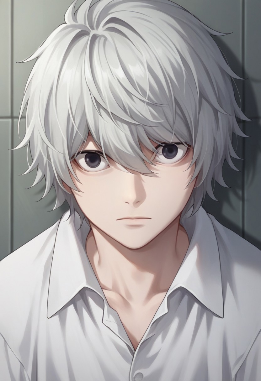 score_9, score_8_up, score_7_up, source_anime, highly detailed, 
near_dn, 1boy, solo, male focus, shirt, looking at viewer, black eyes, closed mouth, collared shirt, white hair, white shirt, upper body, expressionless, hair between eyes, pale skin,
indoor
