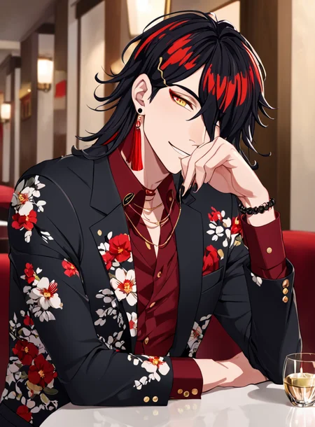 vox sitting in luxe restaurant,solo,long hair,smile,bangs,black hair,1boy,jewelry,jacket,yellow eyes,male focus,red hair,multicolored hair,earrings,hairclip,medium hair,hair over one eye,streaked hair,makeup,floral print,eyeshadow,single earring,red eyeshadow,<lora:voxl-000002:1>,