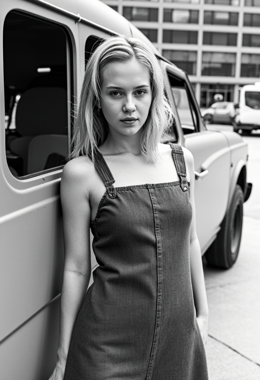 The black and white photo shows a  typical extremely cute beautiful girl from the wisconsin standing in front of a large vehicle in the 60's, possibly a bus or a truck from the 60's, with a window visible on the left side of the frame. The woman has light-colored, wet hair that appears to be slicked back. She is wearing a denim dress that is cutout, exposing her sidebreasts. her breasts are small to medium in size. The woman is looking directly at the camera with a serious expression. The background is out of focus, but the vehicle appears to be in an urban setting, with buildings and other vehicles visible in the distance. The overall mood of the image is edgy and rebellious.