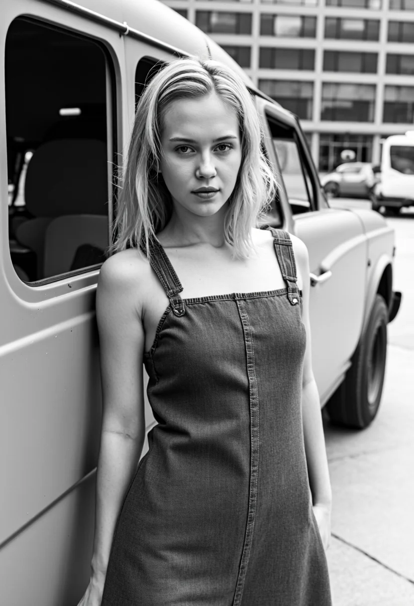 The black and white photo shows a typical extremely cute beautiful girl from the wisconsin standing in front of a large vehicle in the 60's, possibly a bus or a truck from the 60's, with a window visible on the left side of the frame. The woman has light-colored, wet hair that appears to be slicked back. She is wearing a denim dress that is cutout, exposing her sidebreasts. her breasts are small to medium in size. The woman is looking directly at the camera with a serious expression. The background is out of focus, but the vehicle appears to be in an urban setting, with buildings and other vehicles visible in the distance. The overall mood of the image is edgy and rebellious.