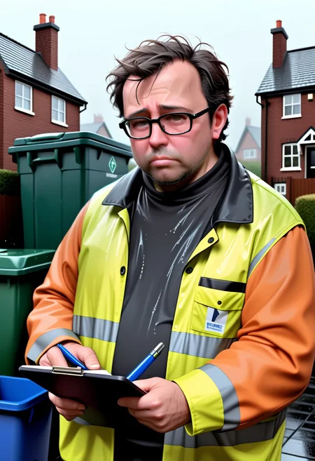 Very detailed, hi res
40 year old man, thickset, very short dark hair, miserable, haggard, stubble, wearing hi vis jacket, thick glasses, double-chin, jowls, clipboard, raining
standing by wheelie bins, big house with lawn and tall chimneys, small waste van, close-up
<lora:Bucksman:0.7>