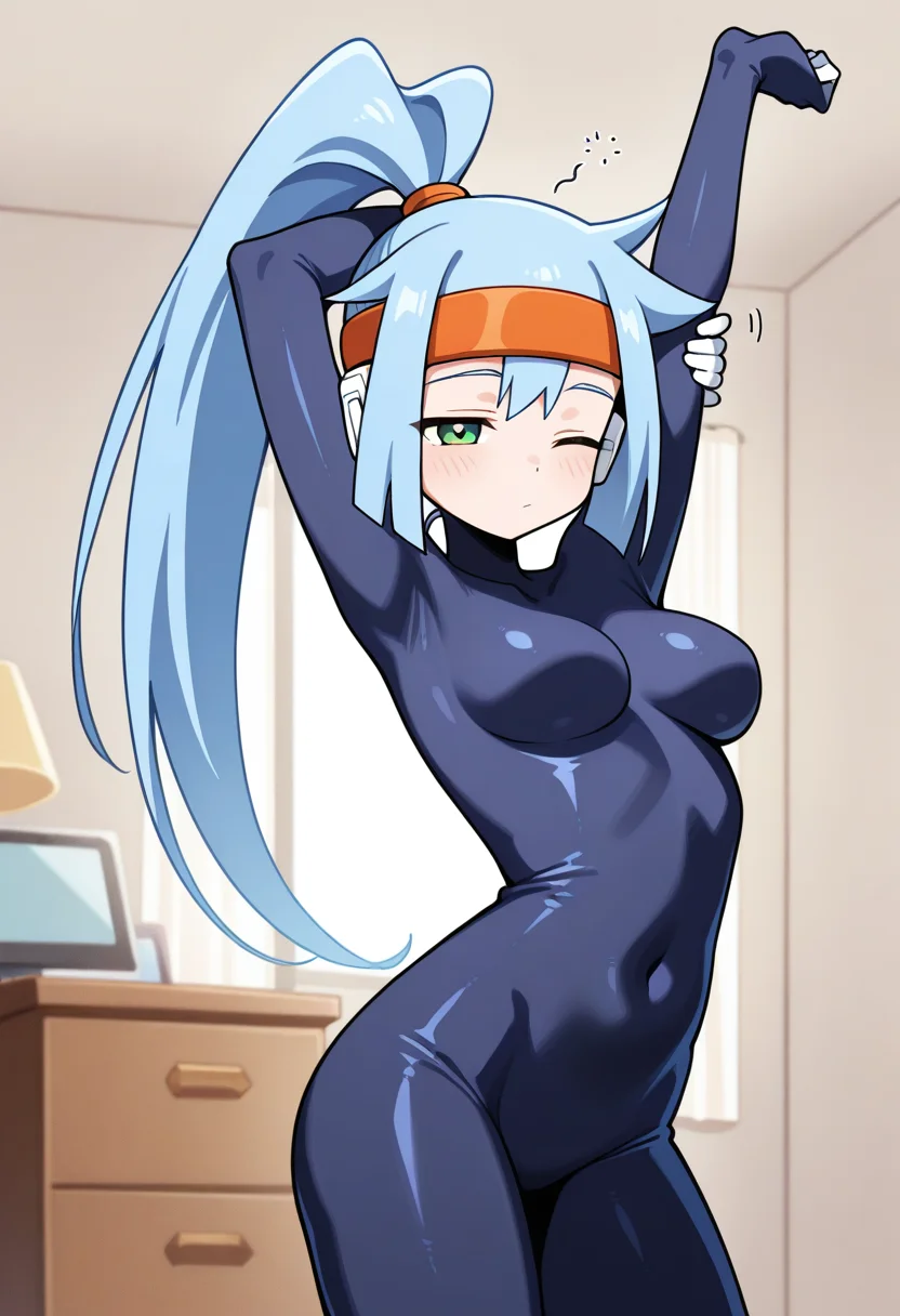 1girl, solo, ashemmzxa, blue hair, long hair, high ponytail, headband, green eyes, robot ears, bodysuit, bodystocking, indoors, bedroom, holding own arm, arm up, stretching, one eye closed, sleepy, standing, cowboy shot, medium breasts,