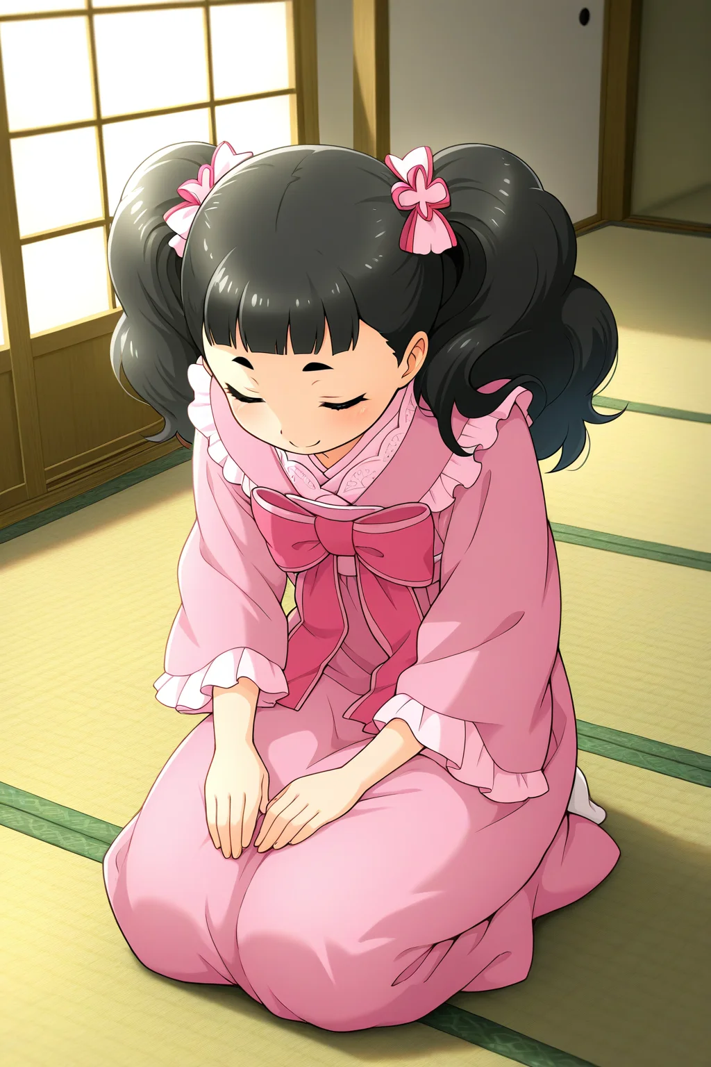 masterpiece, best quality, amazing quality, absurdres, solo, matsukiakino, smile, closed eyes, bowing, sitting, on ground, seiza, black hair, pink dress, indoors, ryokan, tatami, shouji