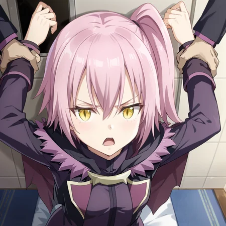 1girl and 1boy, ultima, slit pupils, pink hair, purple hair, short hair, side ponytail, yellow eyes, bangs, hair between eyes, breasts, small breasts, black jacket, dress, fur trim, purple trim, capelet, long sleeves, long dress, hips, looking at viewer,
(from above:1.2), (arms up:1.1), arms above head, against wall, (legs:1.1), (thighs:1.1), glaring, (arm grab:1.2), restrained, arm hold, (looking up:1.1), shocked, open mouth,
<lora:Ultima:0.8>