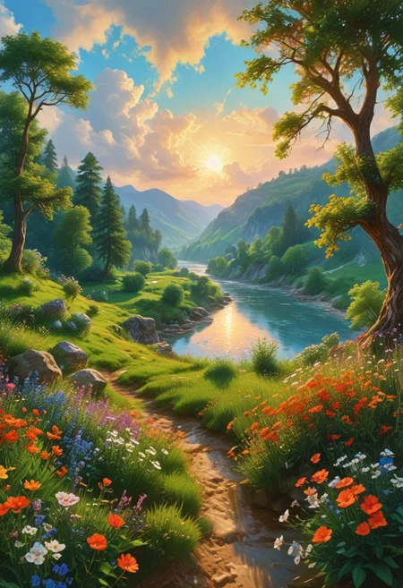 OverallDetail. A serene and breathtaking landscape of a lush meadow, stretching out as far as the eye can see. The carpet of vibrant green grass is speckled with wildflowers in every color of the rainbow, swaying gently in the warm breeze. In the distance, rolling hills rise and fall, adorned with dense forests of towering trees, their canopies intertwined to create a natural ceiling of emerald greenery. A crystal-clear river meanders lazily through the valley, its sparkling waters reflecting the blue sky above. The horizon is dotted with puffy white clouds, casting soft shadows across the landscape. The air is filled with the sweet scent of flowers and the song of birds, creating a harmonious symphony of nature. A warm golden glow bathes the entire scene, painting everything in warm hues, as the setting sun slowly dips below the horizon, signaling the end of another day in this idyllic natural landscape.
