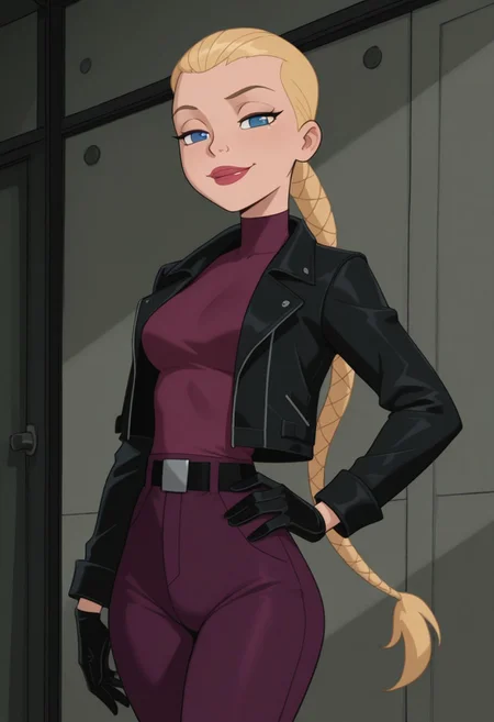 masterpiece, best quality, amazing quality, very aesthetic, absurdres, newest, 1girl, solo, indoors, looking at viewer, HuntsgirlS2, Human Female, Blue Eyes, Braided Ponytail, Low Ponytail, Long Ponytail, Blonde Ponytail, Blonde Hair, Hair Slicked Back, Lips, Red Lips, Blue Eyes, Braided Ponytail, Low Ponytail, Long Ponytail, Blonde Ponytail, Black Jacket, Purple Undershirt, Turtleneck, Black Gloves, Black Belt, Purple Pants, cowboy shot, hand on hip, seductive smile