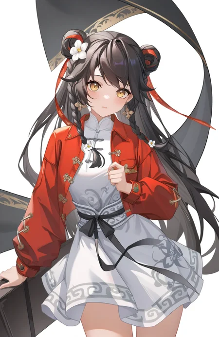 1girl,cowboy shot,xiaoguang,jacket,white dress,hair flower,solo,simple background,white background,,looking at viewer,<lora:xiaoguang-000015:0.7>, masterpiece, best quality, very aesthetic, absurdres
