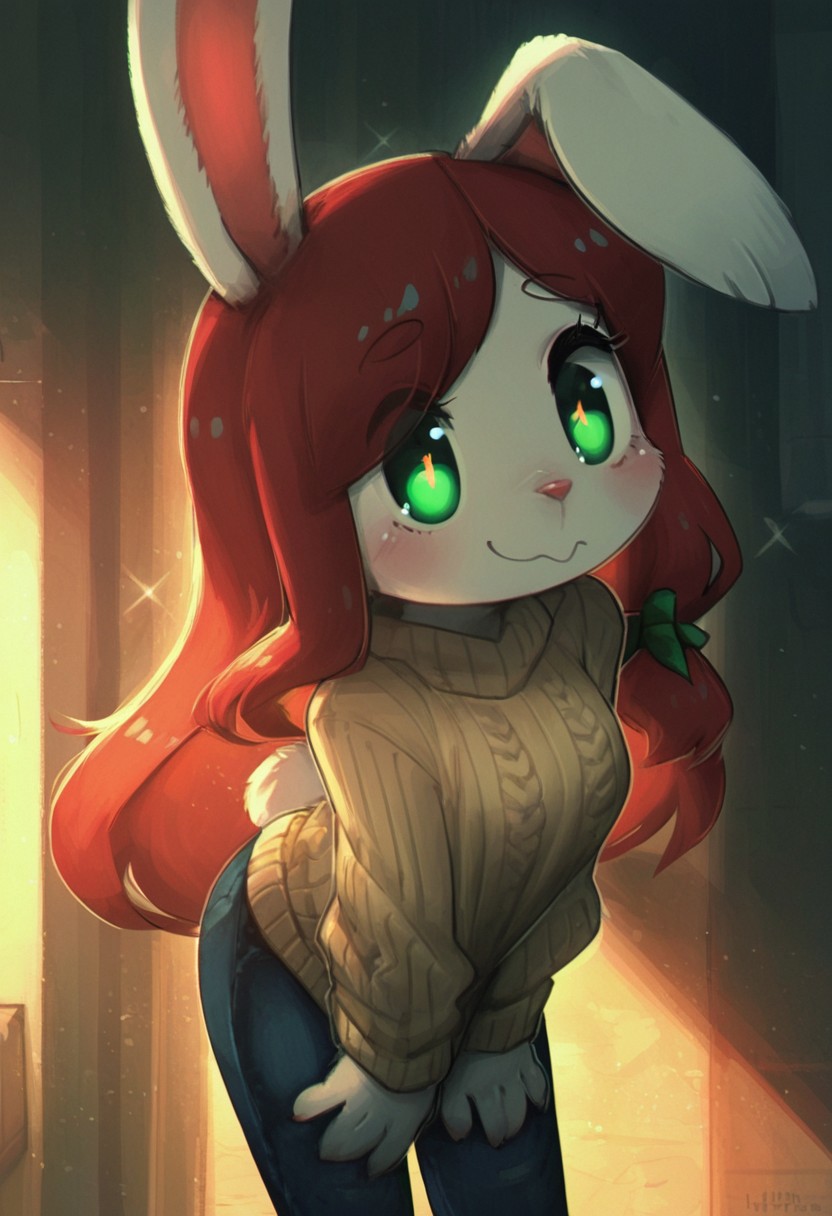 masterpiece,best quality,amazing quality, very aesthetic,rabbit girl,furry,red hair,white rabbit ear,solo,add detailed eyes,green eyes,dressed,happy,long hair,roll-up sweater,jeans,PRFRV Style, atmospheric lighting,