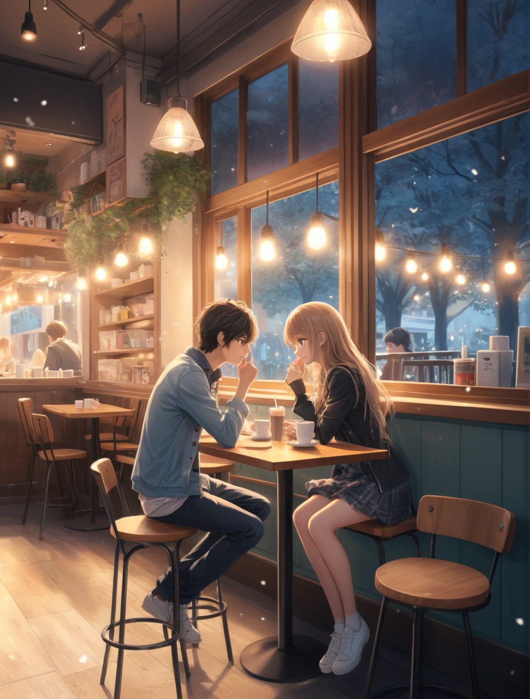 ultra highly detailed anime illustration, boy and girl dating in a cafe, incredibly beautiful and romantic, ultra highly intricate detailed light