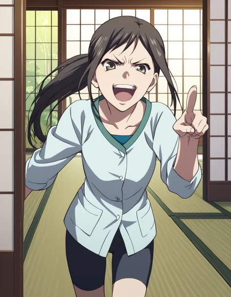 score_9, score_8_up, score_7_up, source_anime, <lora:minko-000007:1> tsurugi minko, long hair, black hair, ponytail
bike shorts, dress shirt,
angry, laughing, pointing at viewer, looking at viewer, tatami
