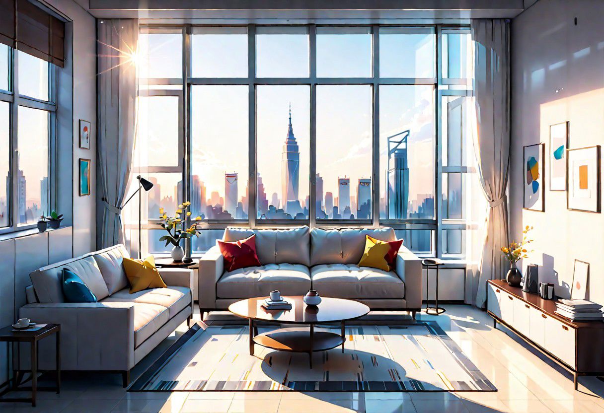 ((front view)), Shallow scene, ((animation style)), modern-style interior, with white walls, (large windows), a  study, Sofa, single wall, 
warm light morning sun, ((City high-rise building scenery)), (clear sky)
