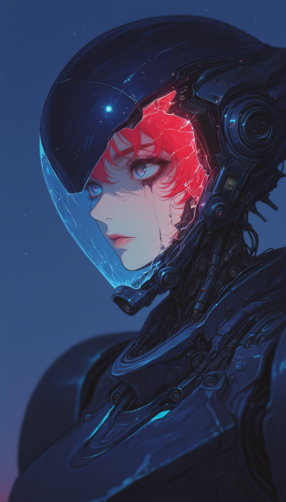 masterpiece, 8K, depth of field, focused subject, best quality,newest, absurdes, 1girl, portrait of mesmerized woman in crystal glass helmet, helmet reflect dim light and refract cosmic environment, dark blue eyes glowing through helmet, smudged mascara and broken helmet glass symbolize futility and hopelessness, simple background emphasizes the mystery of the girl in the center of the composition, milky way on background, tarot mystery, cosmic eternity,abstract sci fi in retro anime style, retro futurism in pencil drawning, gandam, mecha, (color palette consist black, blue, red and white colors), seamless, perfect composition, dramatic, tragic, arsmjstyle, 7481llu, 4kiak4ne_illu, cknc, g0zena_illu, <lora:HyperdetailedColoredPencilIl:0.33> <lora:748cm_illu:0.75> <lora:4kiak4ne:0.3> <lora:ck-nc-cyberpunk-IL:0.3> <lora:NOOB_vp1_detailer_by_volnovik_v1:0.8> <lora:ponyv6_noobV1_2_adamW:0.25> <lora:G0zeNA_style:0.25>