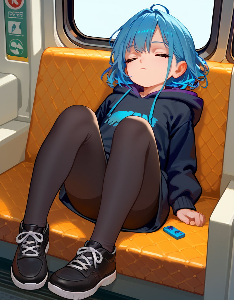 zPDXL2, <lora:as109V1:1>, as109, 
1girl, cute face, closed eyes, long blue hair, black hoodie, black leggings, black shoes, sitting in a train, sleeping, viewed from front