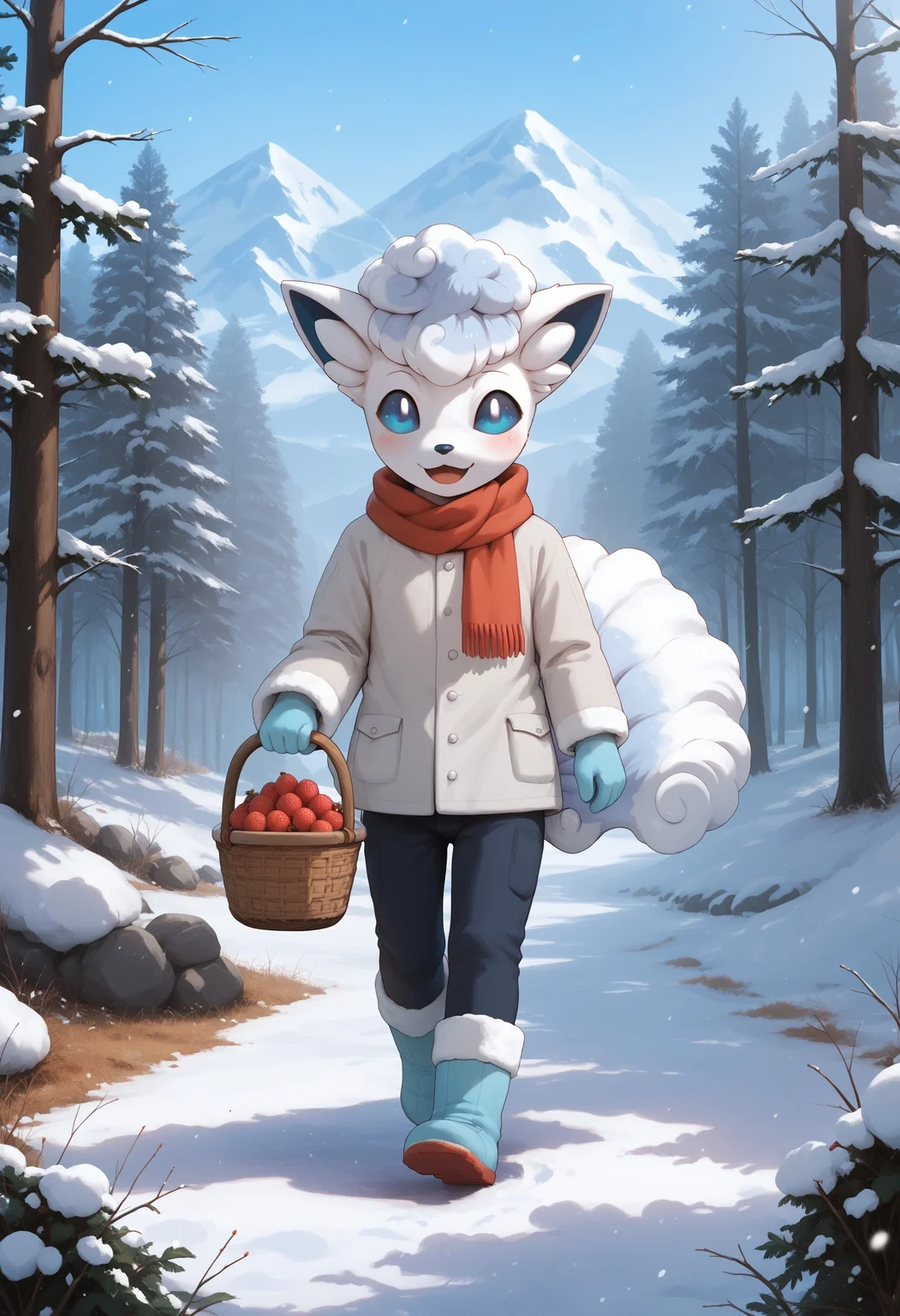 score_9, score_8_up, score_7_up, 8k, source_anime, snow, forest, trees, (amazing scenery, particles, godrays),
BREAK
moc, (1boy, alolan_vulpix, pokemon (creature), anthro, blue eyes, tail), looking away, walking, oversized clothes, snow coat, pants, snow boots, scarf, full body, cute smile, blush, open mouth, (happy), basket, berries
<lora:5b7dead8-0d27-4213-a698-0348d326732e:5.0> , <lora:6a539bf7-60ae-4f60-b6cb-2f2390ac0380:1.0>, <lora:0822f1bc-be9c-42f2-a563-5e7c17e10639:0.6>, <lora:4b571537-d57c-4d84-9d24-d39fcf54c682:0.5>