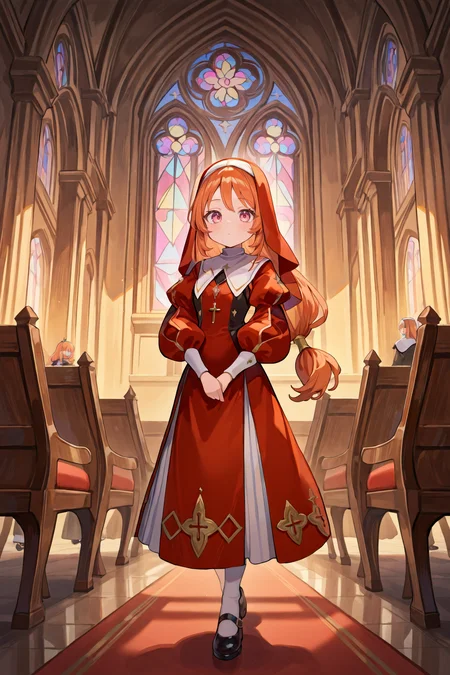 <lora:MonicaIL:0.85> , MoniDef, 1girl, pink eyes, long hair, orange hair, low-tied long hair, juliet sleeves, mary janes, black shoes, red sleeves, yellow juliet sleeves, looking at viewer, full body, church, interior, nun, nun's habit, cathedral, masterpiece, very aesthetic, absurdres, best quality, amazing quality, high resolution, detailed background, <lora:illustrious_quality_modifiers_masterpieces_v1:0.8> , <lora:ChamIllustriousBackgroundEnhancer:0.5>,