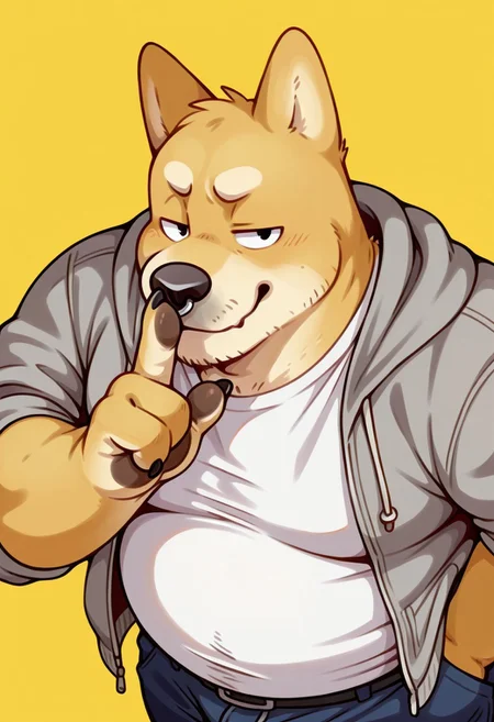 1boy, golden background, solo, male, anthro, shiba, dog, pointed ears, black nose, two tone fur, fat, fat, belly, broad shoulders, plump, overweight, big belly, golden fur, black claws, four fingers, coiled tail, black eyes, nose piercing, BREAK smug, (shushing, gesture), looking at viewer, looking up, gray jacket, open jacket, white t-shirt, navy blue pants, face close-up, upper body, dynamic angle, pads, high angle, side angle, face focus, side view
