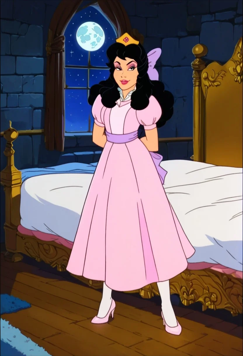 score_9, score_8_up, score_7_up, female, 1girl, solo, xmariex, black hair, long hair, black eyes, crown, hair bow, pink dress, bow, white pantyhose, high heels, makeup, lipstick, seductive smile, inviting to sex, indoors, bedroom, bed, standing in front of bed, window, night time, full moon, stars, OverallDetail,