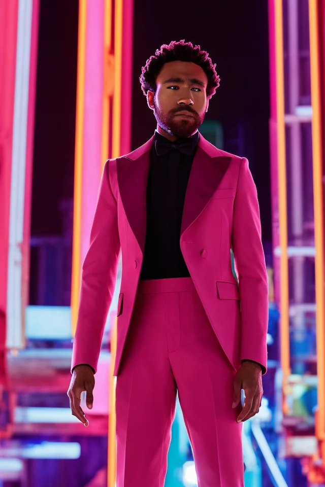 modelshoot style Donald Glover wearing a high fashion outfit at the neon warehouse