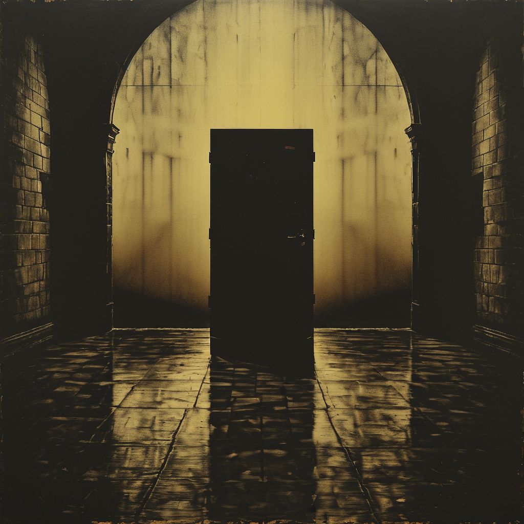 siluete, prison, landscape, doors, oriantal, techno, cell,  hope, prison, ,8k, master piece, Cinematic, Beautiful Lighting, trending on Devianart, surreal Art, Fantasy, Digital Art, Impressionistic, Surrealist,