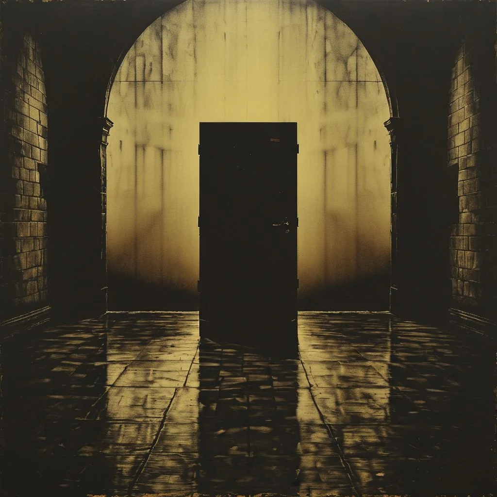 siluete, prison, landscape, doors, oriantal, techno, cell, hope, prison, ,8k, master piece, Cinematic, Beautiful Lighting, trending on Devianart, surreal Art, Fantasy, Digital Art, Impressionistic, Surrealist,
