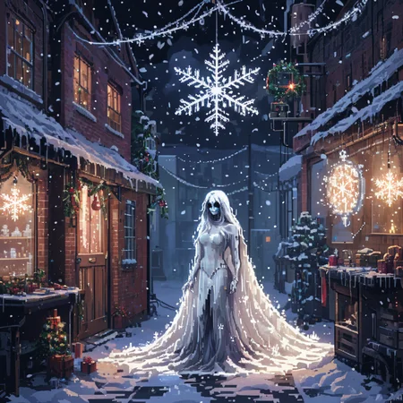 christmas eve art, ghost of christmas past, snowflakes, enchanting and magical, industrial lighting, ArsMJStylePony, Pixel Art, ManyP <lora:ArsMJStyleSDXL_-_Pixel_Art:1>