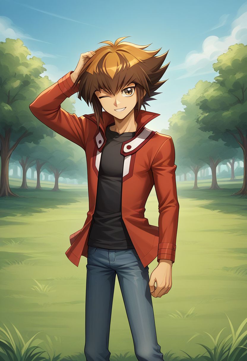 score_9, score_8_up, source_anime, highly detailed, 1boy, solo, slender, 
jaden, 1boy, male focus, solo, brown hair, brown eyes, duel academy uniform (yu-gi-oh! gx), jacket, black shirt, red jacket, shirt, pants, multicolored hair, two-tone hair, open clothes, smile, wink, upper body,
outdoor, grass, tree,