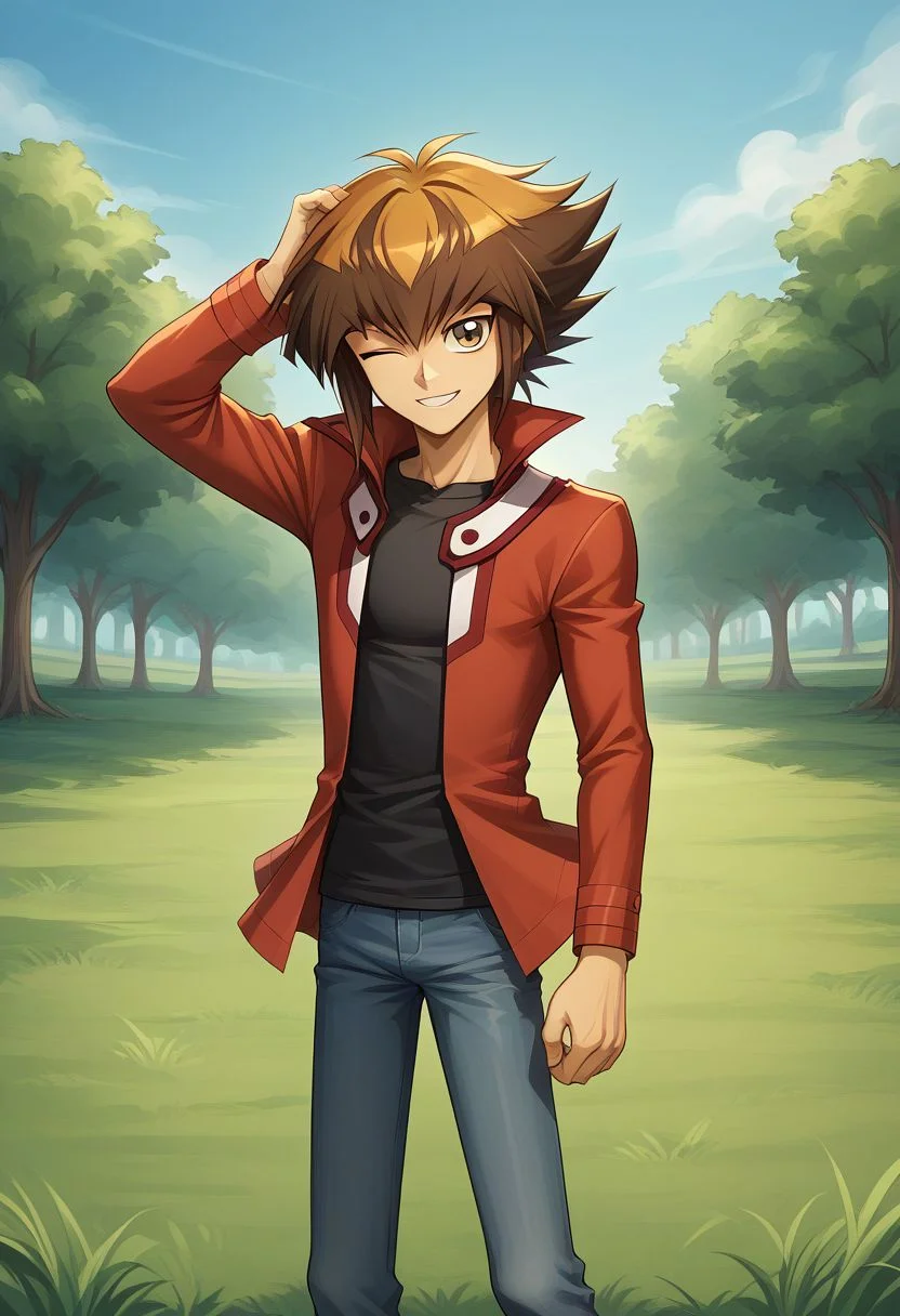 score_9, score_8_up, source_anime, highly detailed, 1boy, solo, slender,
jaden, 1boy, male focus, solo, brown hair, brown eyes, duel academy uniform (yu-gi-oh! gx), jacket, black shirt, red jacket, shirt, pants, multicolored hair, two-tone hair, open clothes, smile, wink, upper body,
outdoor, grass, tree,
