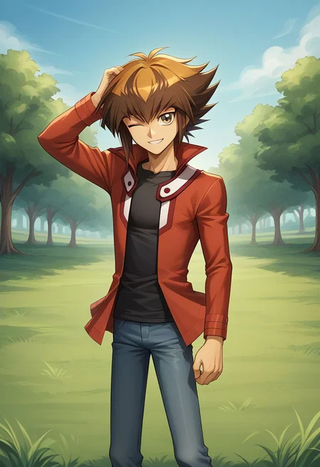 score_9, score_8_up, source_anime, highly detailed, 1boy, solo, slender, 
jaden, 1boy, male focus, solo, brown hair, brown eyes, duel academy uniform (yu-gi-oh! gx), jacket, black shirt, red jacket, shirt, pants, multicolored hair, two-tone hair, open clothes, smile, wink, upper body,
outdoor, grass, tree,