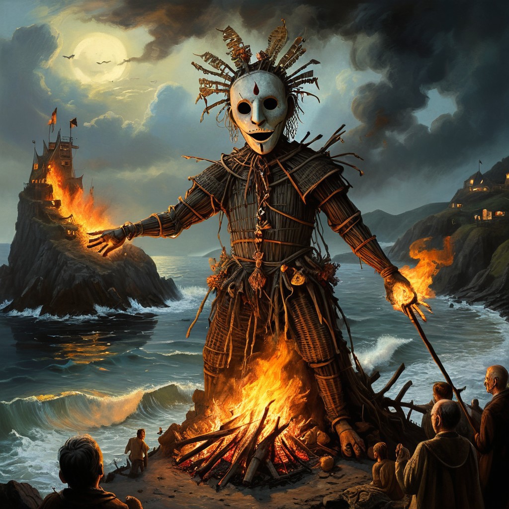 warm light style, DonMn1ghtm4reXL, stephen gammell (artist), chiaroscuro, low-key,  great lighting, corcoc3s, c3s,(Folk rural horror:1.5), (isolated island community:1.3), (massive wicker man structure:1.5), (twilight scene on coastal cliff:1.2), (jubilant villagers dancing:1.4), (pagan ritual atmosphere:1.3), (protagonist peeking out from wicker man's gaps:1.4), (flickering torches illuminating scene:1.2), (ominous bonfire preparations:1.3), (traditional folk costumes with unsettling masks:1.4), (contrast between festive mood and impending doom:1.5), (Celtic-inspired designs on wicker man:1.2), (stormy sea in background:1.1), oil painting technique, hyper-detailed, 8k resolution, (Edward Burra meets Thomas Hart Benton style:1.4), unsettling warm light from flames, (sense of inescapable fate:1.3), (blurred line between celebration and cruelty:1.4), photorealistic textures, (oppressive inevitability:1.3), (implicit threat in joyful faces:1.4), (foreboding atmosphere despite festivities:1.5), (implied danger rather than explicit content:1.4)