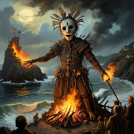 warm light style, DonMn1ghtm4reXL, stephen gammell (artist), chiaroscuro, low-key, great lighting, corcoc3s, c3s,(Folk rural horror:1.5), (isolated island community:1.3), (massive wicker man structure:1.5), (twilight scene on coastal cliff:1.2), (jubilant villagers dancing:1.4), (pagan ritual atmosphere:1.3), (protagonist peeking out from wicker man's gaps:1.4), (flickering torches illuminating scene:1.2), (ominous bonfire preparations:1.3), (traditional folk costumes with unsettling masks:1.4), (contrast between festive mood and impending doom:1.5), (Celtic-inspired designs on wicker man:1.2), (stormy sea in background:1.1), oil painting technique, hyper-detailed, 8k resolution, (Edward Burra meets Thomas Hart Benton style:1.4), unsettling warm light from flames, (sense of inescapable fate:1.3), (blurred line between celebration and cruelty:1.4), photorealistic textures, (oppressive inevitability:1.3), (implicit threat in joyful faces:1.4), (foreboding atmosphere despite festivities:1.5), (implied danger rather than explicit content:1.4)