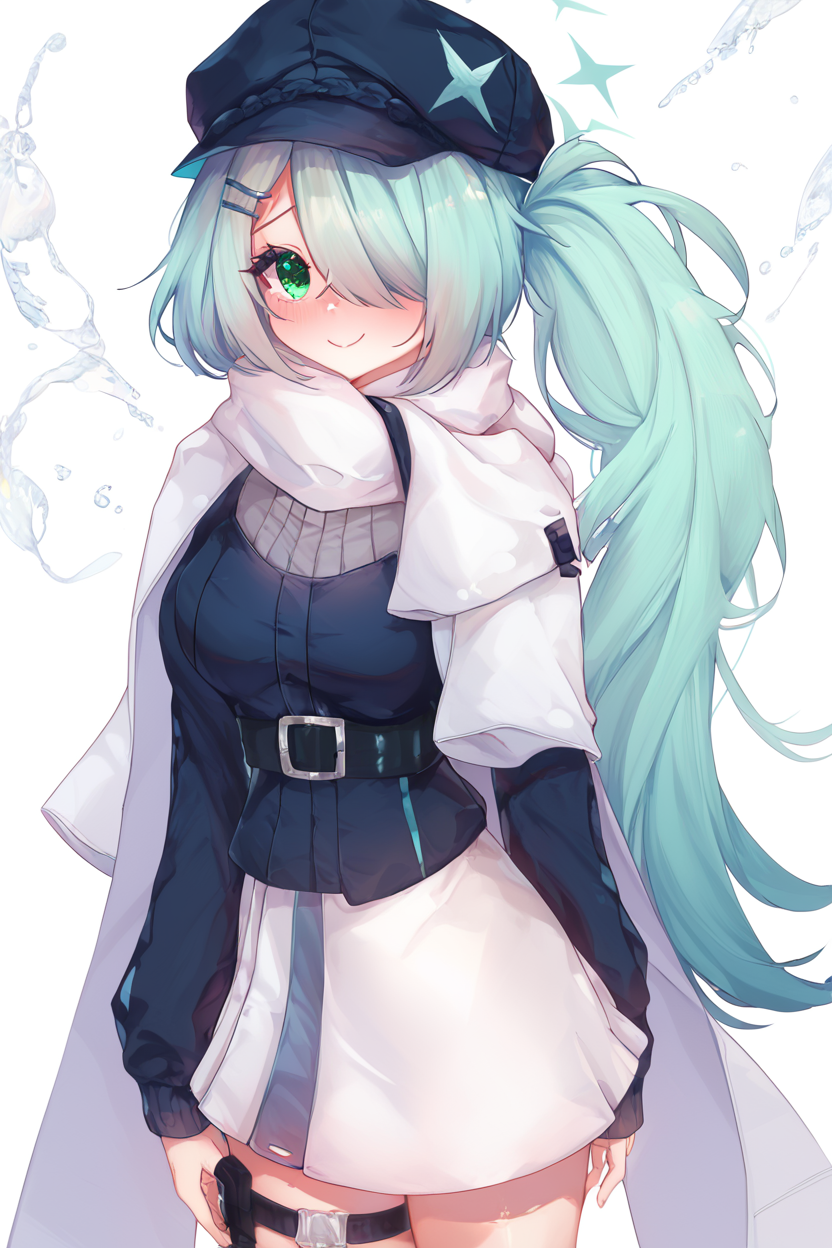 score_9, score_8_up, score_8, medium breasts, (curvy), cute, eyelashes,       BREAK, , ,,,  zzHiyori, long hair, hair over one eye, side ponytail, hairclip, hair ornament, aqua hair, green eyes, black headwear, hat, cabbie hat, long sleeves, white skirt, belt, white scarf, <lora:Hiyori_BlueArchive_PDXL_v2:0.8>,   ,,,, BREAK, smile, closed mouth, looking at viewer, cowboy shot, ,,, embedding:zPDXL, Expressiveh, ,,, <lora:Puppypaww_Style_PDXL_v2:0.8>, <lora:SDXLFaeTastic2400:0.5>, <lora:Expressive_H-000001:0.4>,