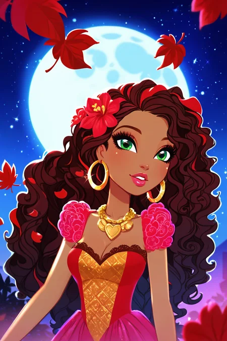 score_9, score_8_up, score_8, <lora:everafterhigh:0.8>, everafterhigh, 1girl, jewelry, solo, green eyes, necklace, breasts, dark-skinned female, earrings, dark skin, night, moon, hoop earrings, cleavage, flower, looking at viewer, long hair, full moon, upper body, sky, heart, night sky, red hair, gold necklace, outdoors, heart necklace, wavy hair, lips, dress, curly hair, leaf, red flower