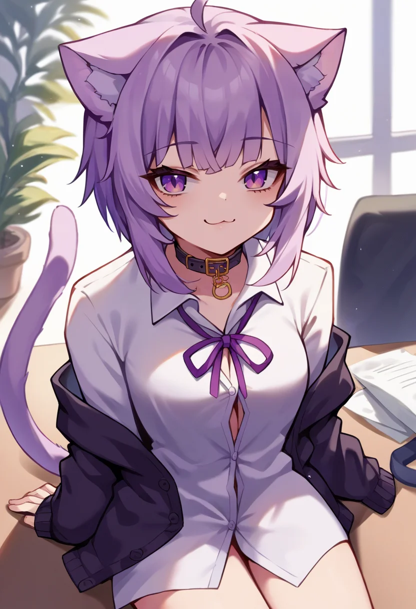 score_9, score_6_up, source_anime, 1girl, solo, office, sitting, okayu_casual, dress shirt, purple ribbon, button gap, no pants, black cardigan, animal collar, cat tail, ahoge, seductive smile <lora:nekomata_okayu_sdxl_pony:1>