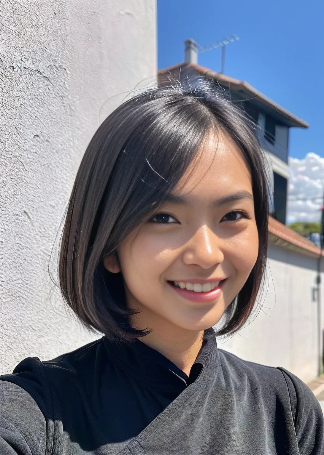 <lora:gracia_v2-000068:.95>, (RAW photo, best quality, masterpiece:1.2), (realistic, photo-realistic:1.4), ultra-detailed, beautiful detailed sky, street, slim waist, smile, (bob cut), medium chest